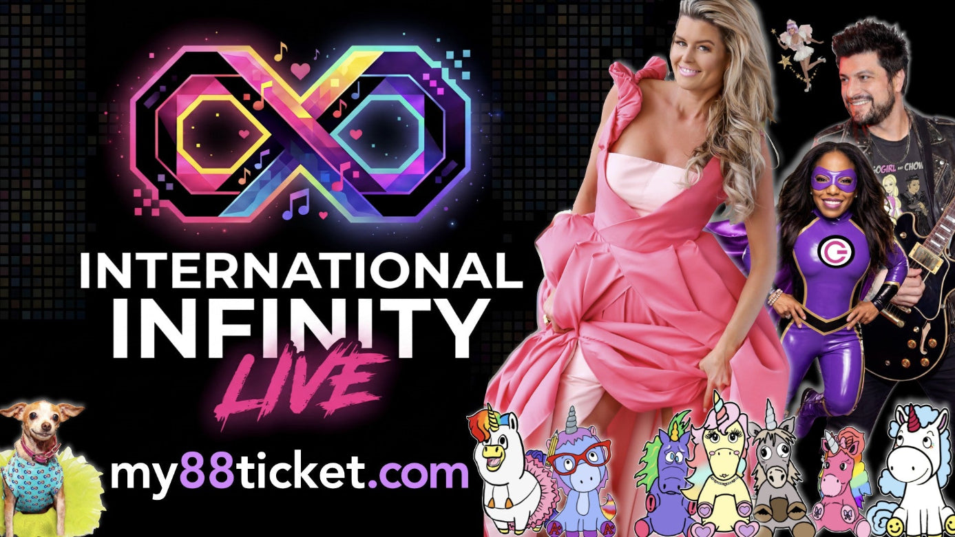 Promotional graphic for 'International Infinity Live' featuring a woman in a pink gown, a man with a guitar, cartoon unicorns, and the text 'my88ticket.com' on a black background with a neon infinity symbol.