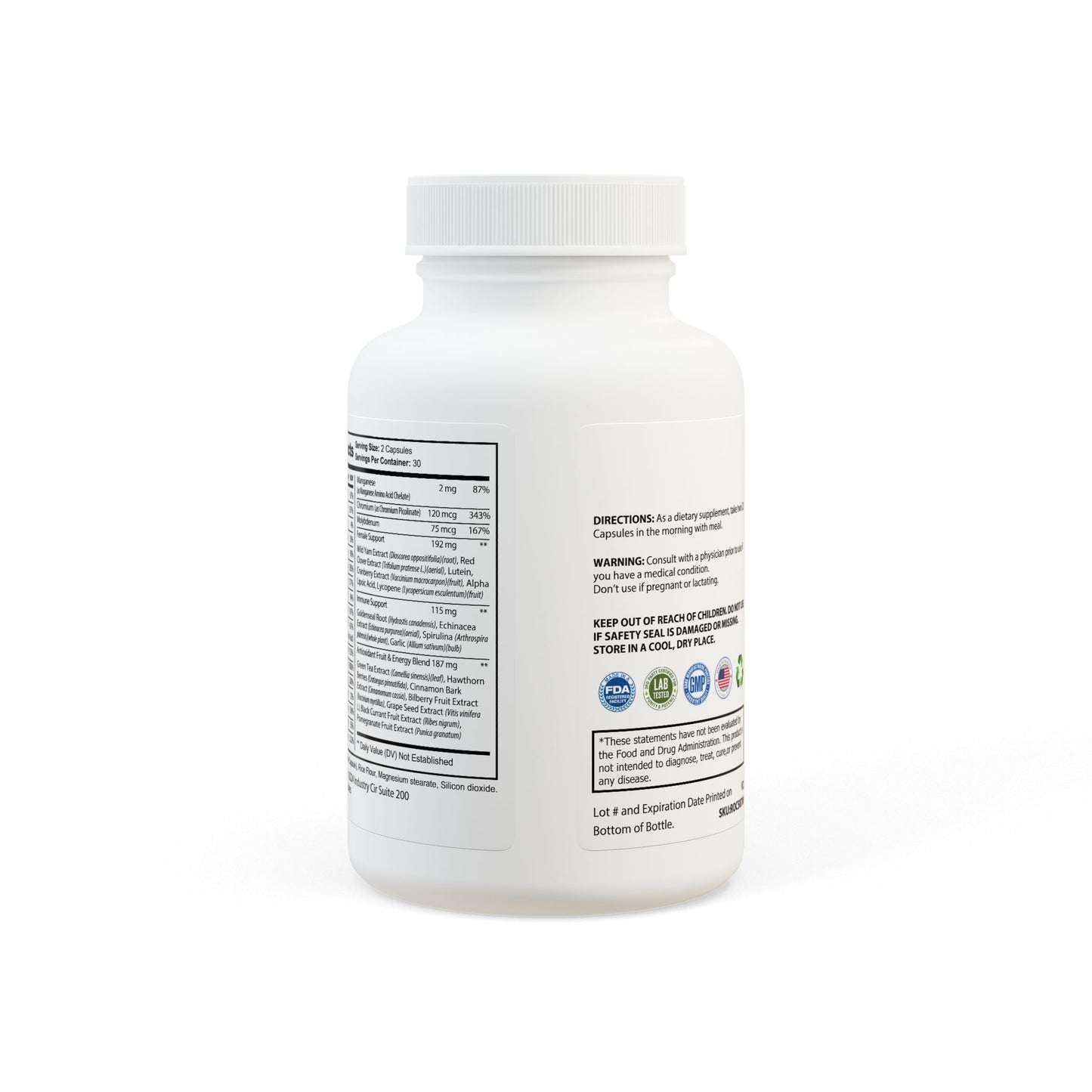 White supplement bottle with label on a white background