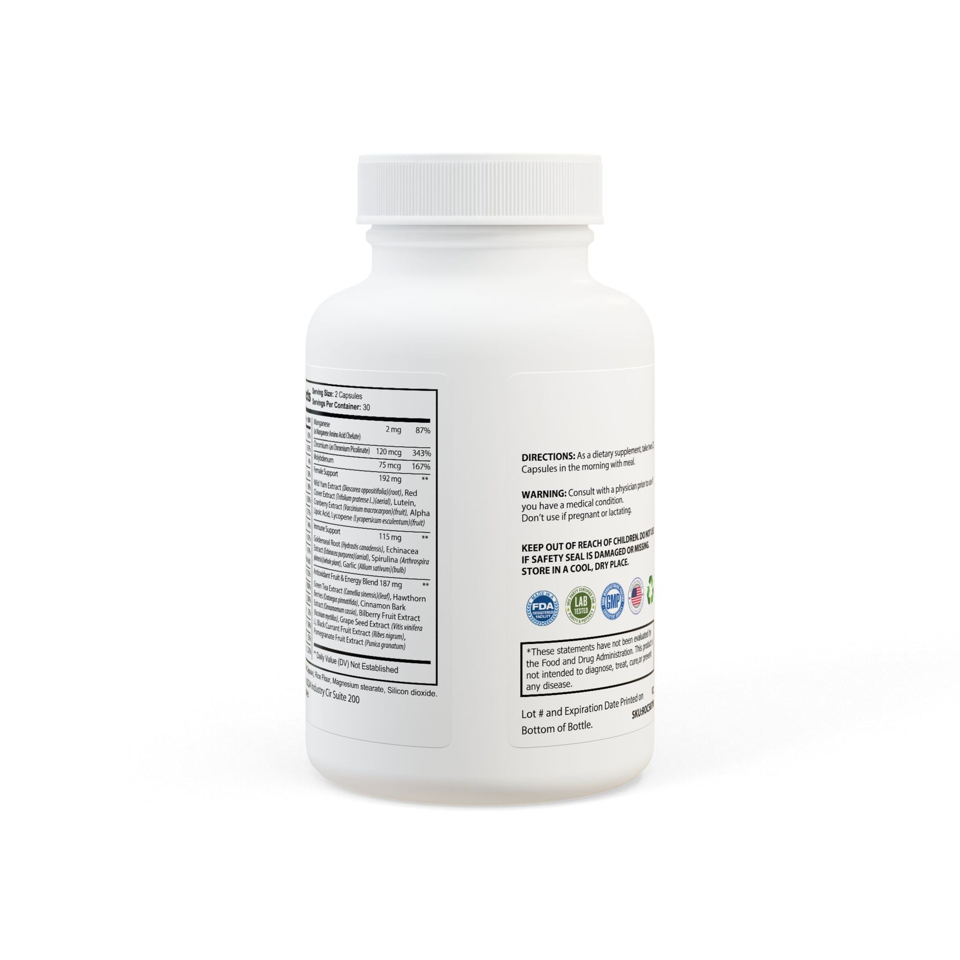 White supplement bottle with label on a white background